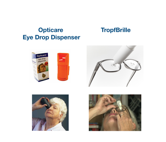 Vergelijk oogdruppel hulpmiddel DruppelBril en Opticare Eye Drop Dispenser.