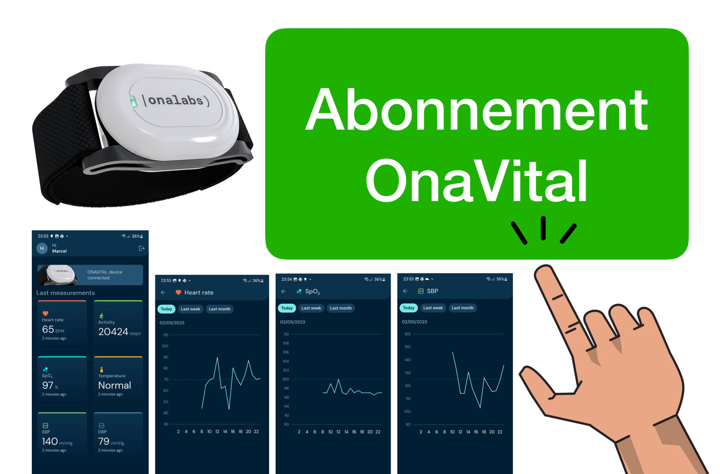 Abonnement OnaVital voor 12 maanden (prijs per maand en inclusief BTW). Naast dit abonnement dient u OOK de pols-sensor te kopen.