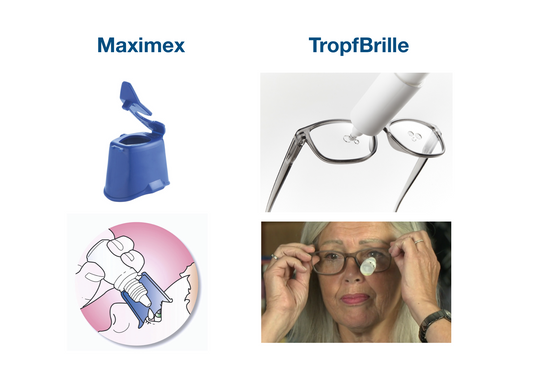 Vergelijk oogdruppel hulpmiddel Druppelbril en Maximex.
